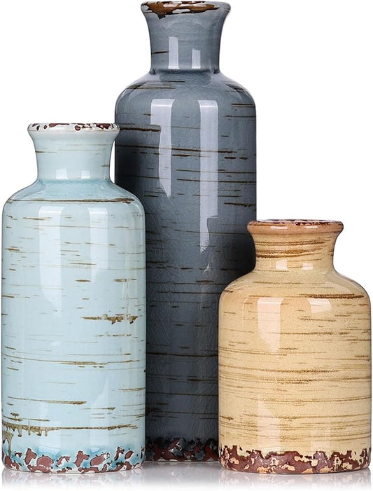 Ceramic Vase Set - 3 Small Flower Vases Home Decor, Modern Rustic Farmhouse Pottery Vases for Centerpieces, Living Room, Kitchen, Shelf, Bedroom, Bathroom, Fireplace, Table Shelf and Entryway Decor