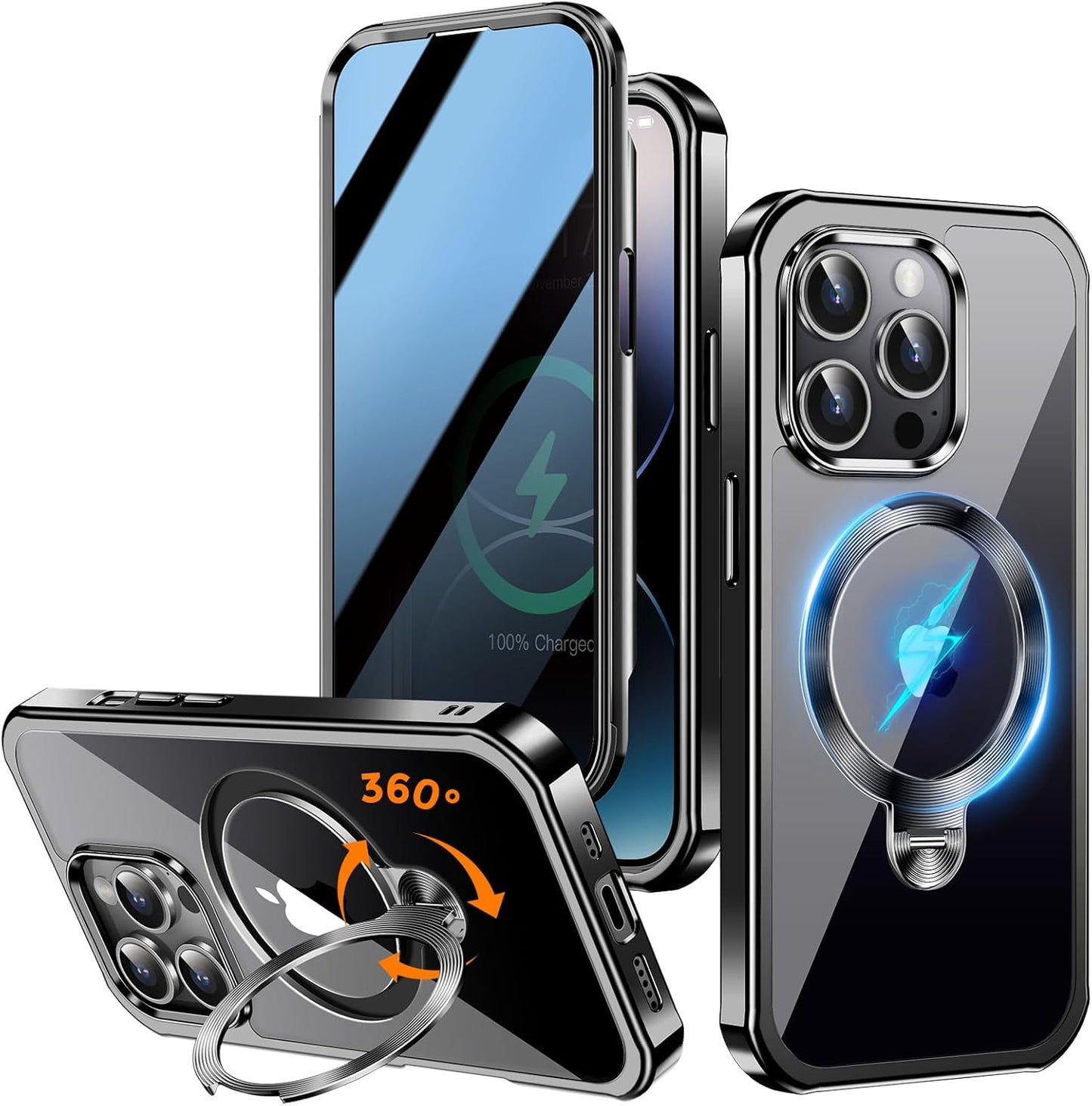 [360° Rotatable CD Stand & Built-in Privacy Screen Magnetic Case for iPhone 14 Pro [Compatible with MagSafe & Full Signal] Mil-Grade Shockproof Full Body Anti-Spy Cover for 14 Pro-Black