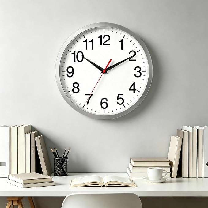 Rohioue 12 Inch Wall Clock Modern Battery Operated Silent Non Ticking Analog Clock Decorative for Bedroom Kitchen Bathroom Office Home Living Room (Silver)