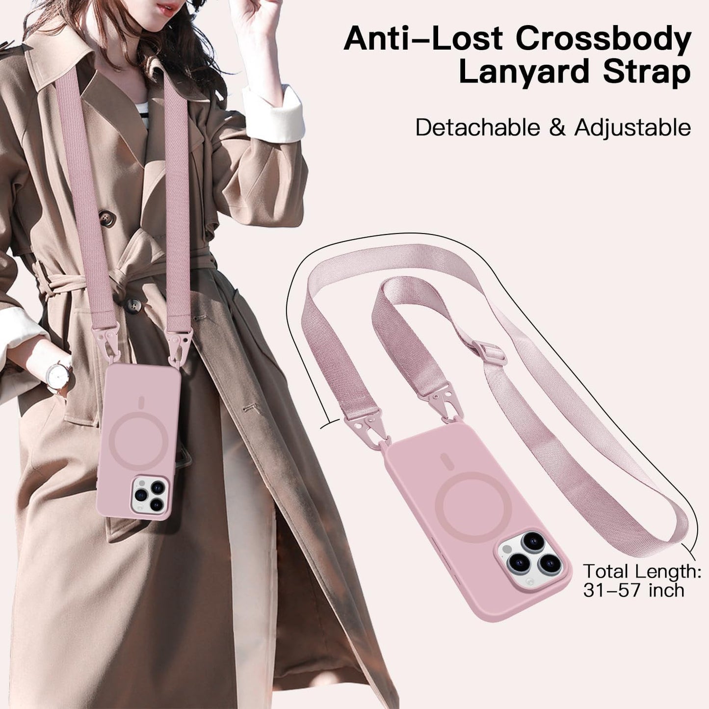 for iPhone 16 Pro Max Case with Lanyard [Compatible with MagSafe], Crossbody Phone Case with Neck Strap Adjustable, Magnetic Phone Cover for iPhone 16 Pro Max 6.9'' Pink