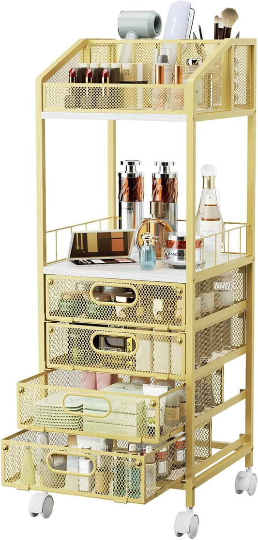 HapiRm Makeup Organizer Storage Cart - Floor Skincare Make Up Storage with 4 Drawers, Rolling Makeup Cart Vanity Organizer Cosmetics Display Cases Holder for Skin Care Perfume Nail Polish, Gold