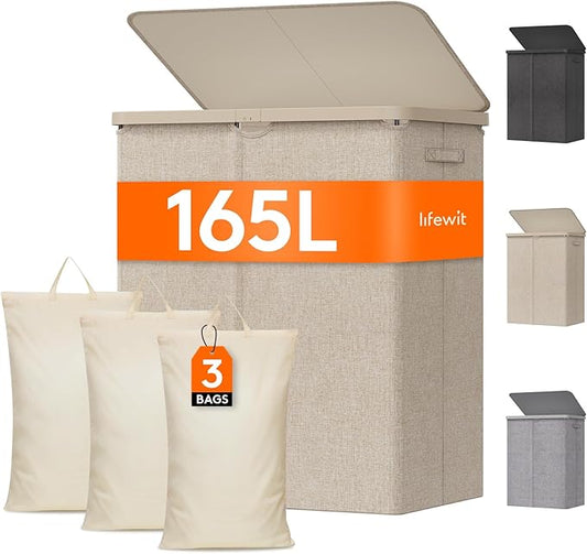 Lifewit 165L Large Laundry Basket with Lid, Laundry Hamper with Plastic Handles and Removable Bag, Foldable Tall Dirty Clothes Hampers for Laundry for Laundry Room, Bedroom, Bathroom, Dorm, Beige