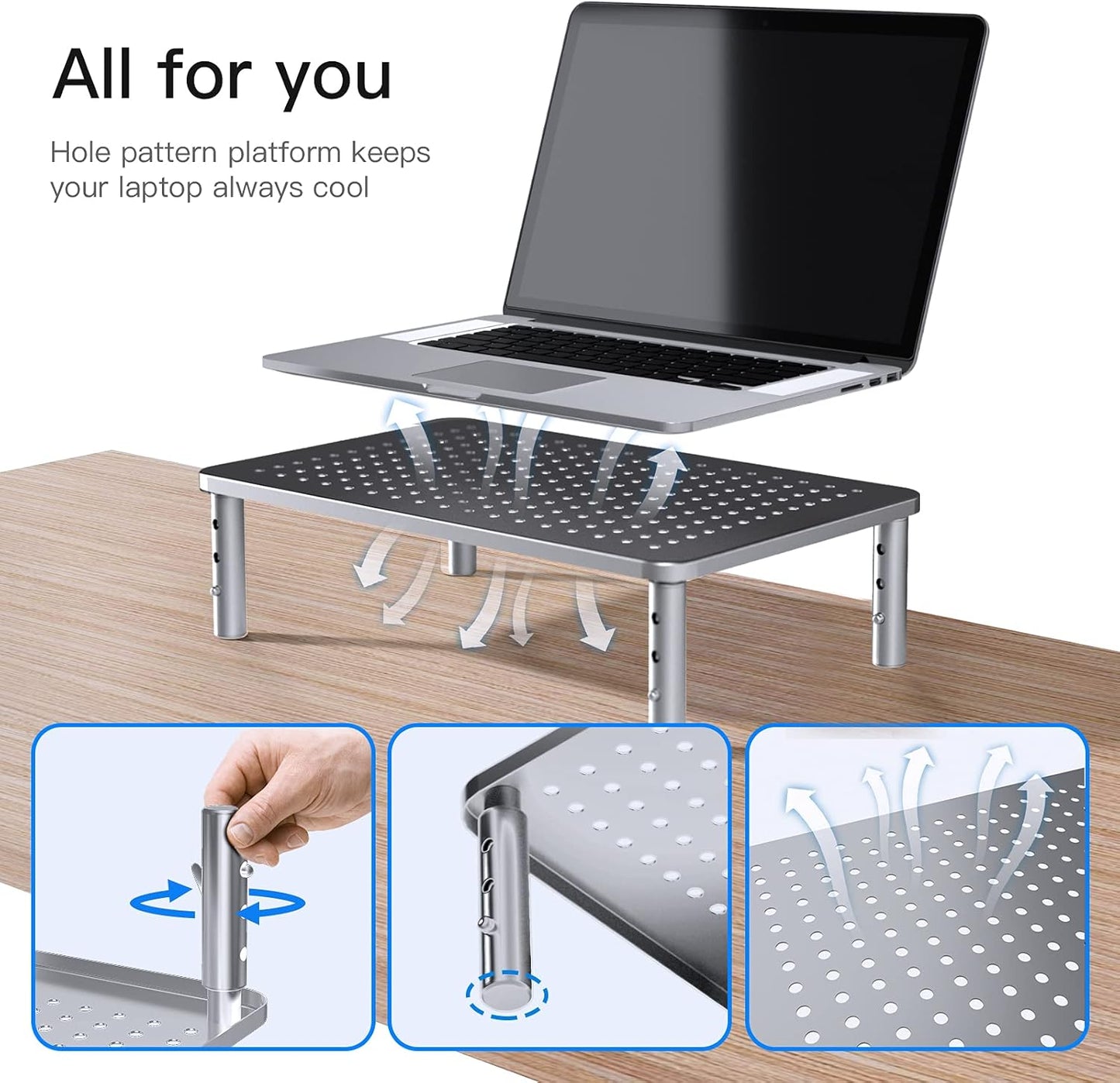 HUANUO Monitor Riser - 3 Height Adjustable Stand for Laptop, Computer, iMac, PC, Printer, Desktop Ergonomic Metal Monitor Riser with Mesh Platform