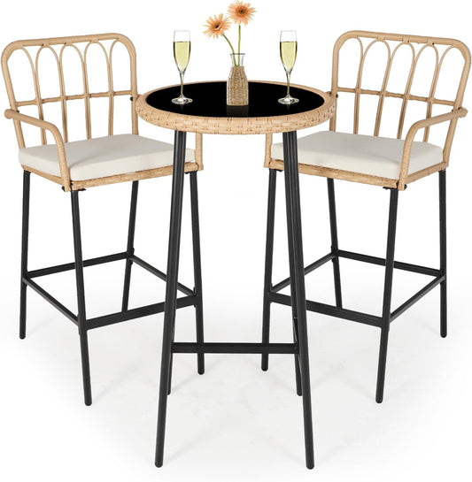LYNSLIM Outdoor Bar,3 Piece Height Table Patio Rattan Wicker Furniture Chairs Set,22" Patio Bar Table and Outdoor Bar Stool Set of 2,with Removable Cushions for Backyards, Porches (Set for 3)
