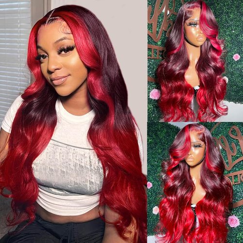 YMS Ombre Red HD Lace Front Wigs Human Hair 180% Density Highlight Human Hair Wigs for Women Skunk Stripe Glueless Wig Pre Plucked 14 Inch Black and Red Colored 13x4 Lace Frontal Wig