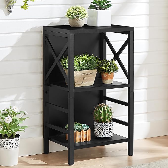 MNEETRUNG Small Bookshelf,3 Tier Industrial Bookcase with Metal Frame and Backboard,Low Black Book Shelf,Book case for Small Spaces,Living Room,Bedroom and Home Office