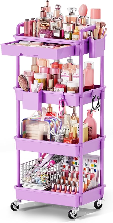 Goovilla Rolling Makeup Organizer Cart with Removable Drawer, 4 Tier Stable Purple Floor Skincare Storage Cart for Vanity, Cosmetic Display, Nail Polish, Perfume, Hair Stuff, Beauty, Bathroom(Plastic)