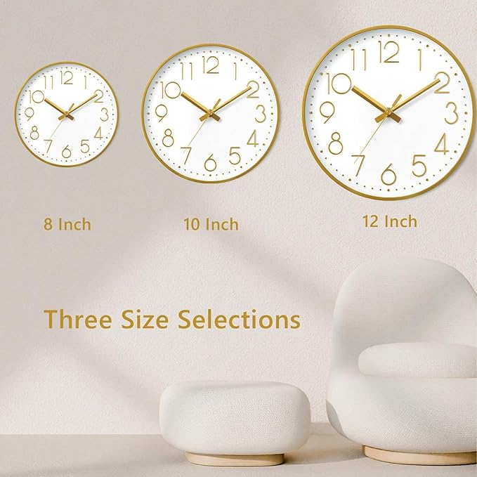 DAXSMY Wall Clock - 14 Inch Silent Non-Ticking Modern 3D Wall Clocks Battery Operated - Decorative Clock for Kitchen, Home Office, Bathroom, Bedroom, Living Room(Gold)