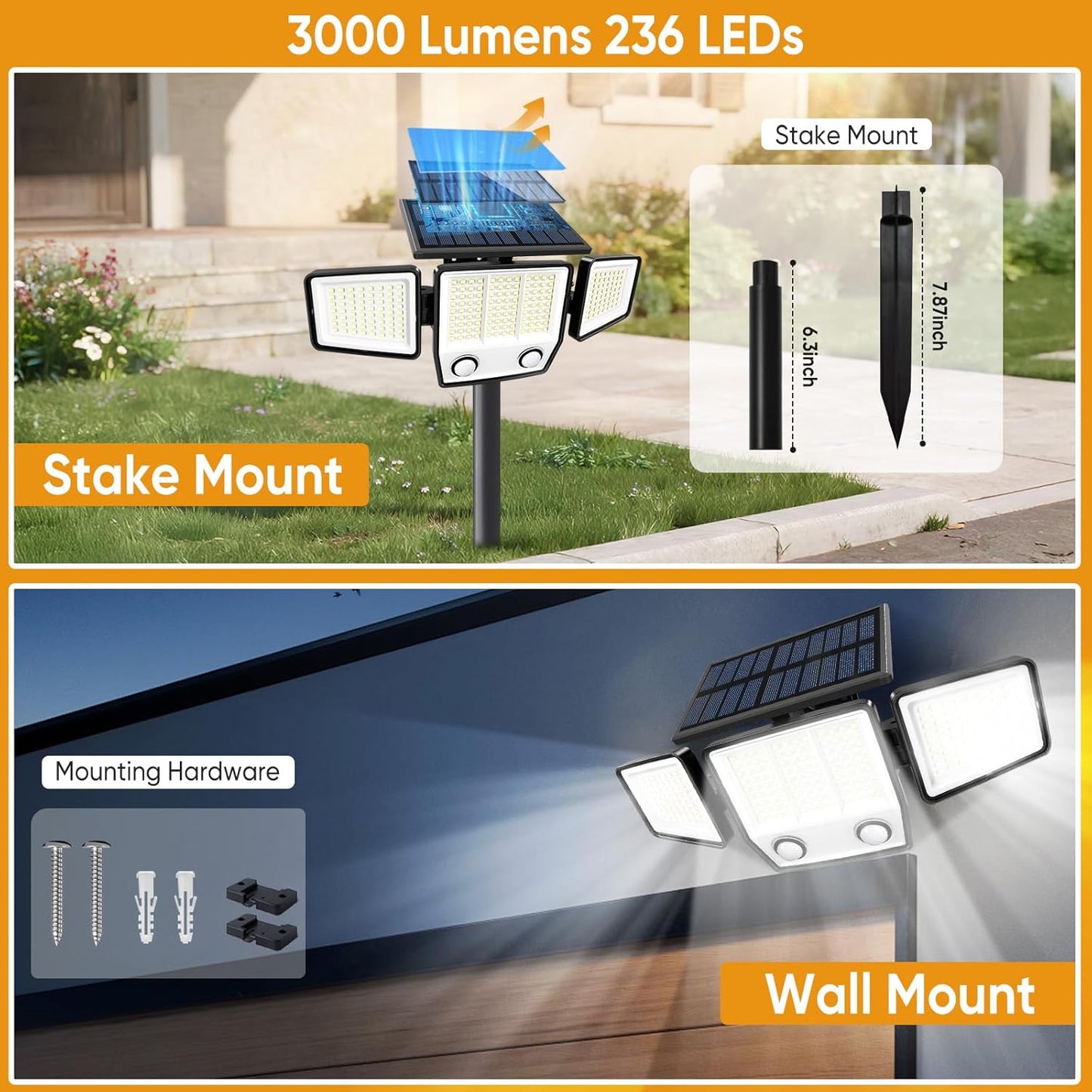 Solar Outdoor Lights with Stakes - Ground /Wall 2-in-1 Dual Use Solar Motion Sensor Waterproof Light, 3000LM 3 Modes 270°Illumination IP65 LED Security Lights Outdoor for Garden Yard Patio, 2 Pack
