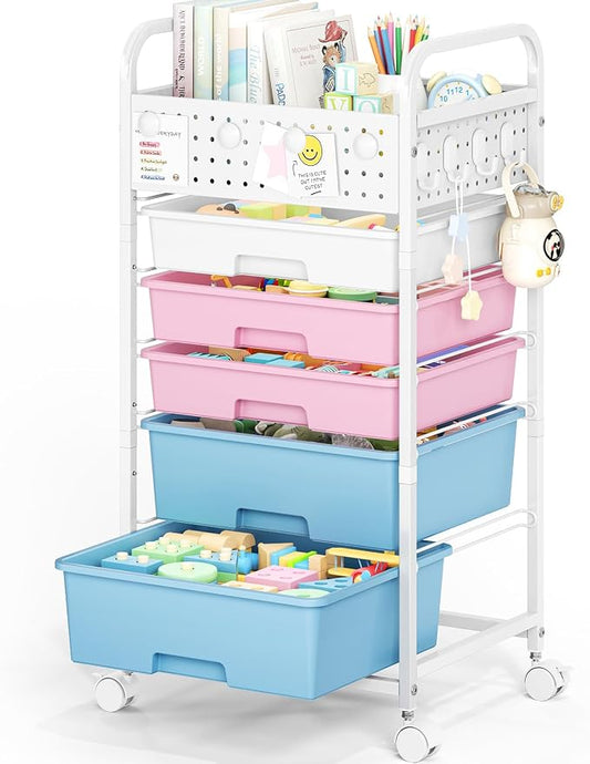5 Drawer Rolling Storage Cart with Pegboard Top and Hooks, Mobile Organizer Cart with Wheels for Office Supplies, Craft Storage, Classroom Organization, Home Utility Cart, Pink&Blue