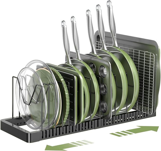 PanPanPal Pots and Pans Organizer under Cabinet, Expandable Pot Lid Organizer Holder with 14 Adjustable Compartment, Pan Organizers inside Cabinet for Lids, Bakeware, Kitchen Storage Pot Rack, Black
