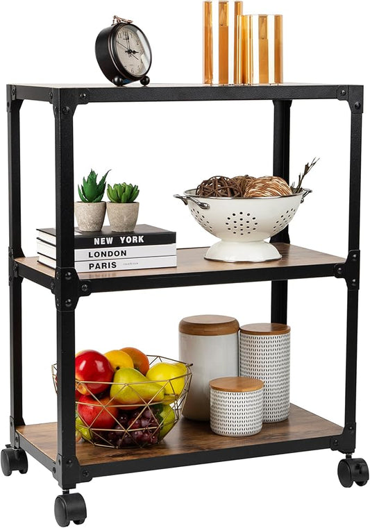 Mind Reader 3 Tier Multipurpose Rolling Cart, Home Storage, Bar Cart, Microwave Stand, Utility Organizer, Metal, MDF, Brown