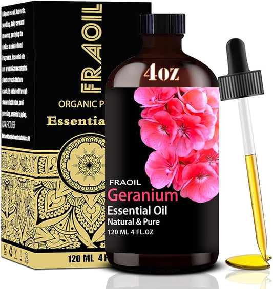 Geranium Essential Oil, Geranium Oil 4 Fl Oz 120ML for Diffuser Humidifier Yoga Cleaning DIY Candle Soap Making Perfume Gift for Women Essential Oils FRAOIL (Geranium 4 Fl Oz (Pack of 1))