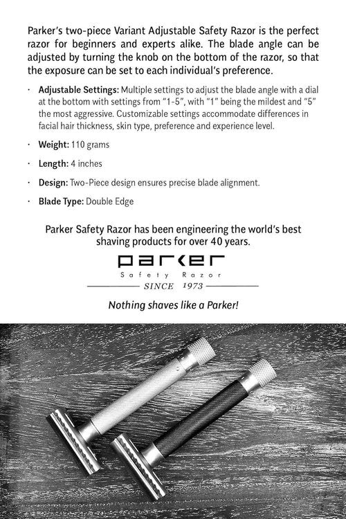 Parker THE VARIANT CLOSED COMB - ADJUSTABLE Double Edge Safety Razor, Customize your Shave with a Turn of the Dial from Mild to Aggressive - 5 Blades Included (SATIN CHROME)