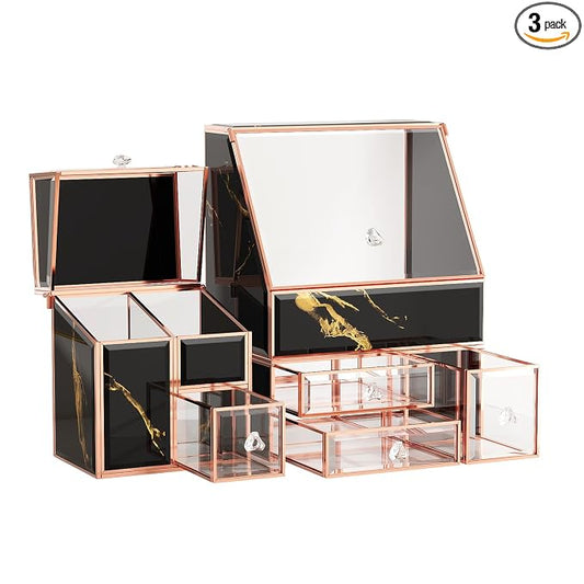CoralHouse Black Glass Makeup Organizer with Lid, 3-Piece Vanity Organizer with Gold Frame, Cosmetic Display Case for Skincare, Perfume, Lipsticks, Brushes, Bathroom Countertop & Dresser
