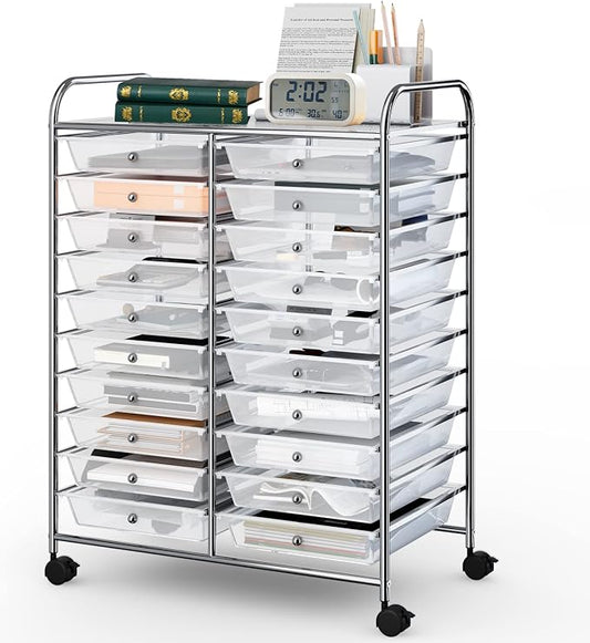 COSTWAY 20 Drawers Rolling Storage Cart, Multipurpose Movable Organizer Cart for Tools, Scrapbook, Paper, Craft, Utility Storage Trolley on Wheels for Home Office School (Clear)