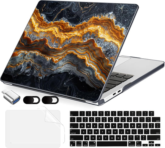 Compatible with MacBook Air 15 inch Case, M4 A3241/M3 A3114/M2 A2941 (Released 2025 to 2023), Hard Shell, Keyboard Cover, Screen Protector, Webcam Cover & Type-C Adapter, Black Gold