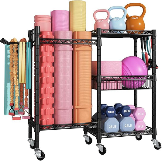 FUTASSI Home Gym Storage, 3 Tiers Workout Equipment Organizer with Wheels for Yoga Mats, Foam Roller, Dumbbells, Kettlebells, and Resistance Bands