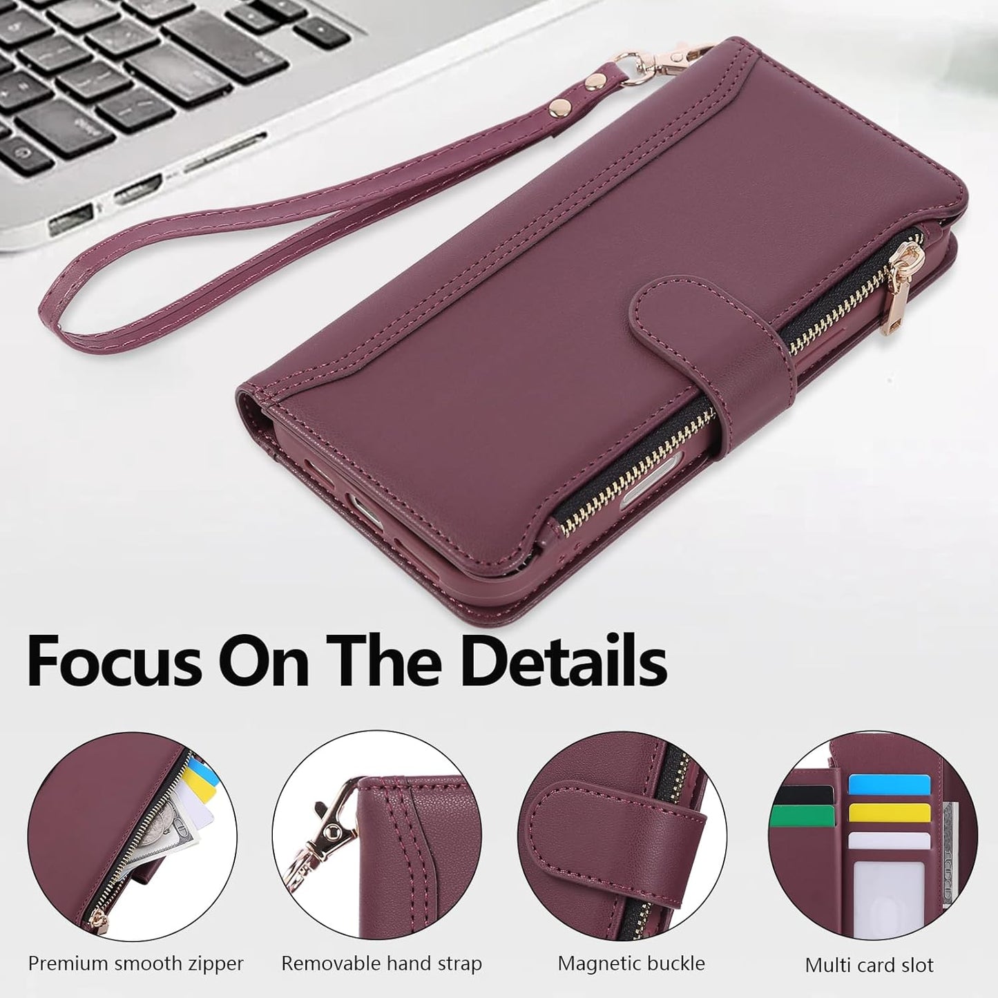 Compatible with iPhone 11 Wallet Phone Case-PU Leather Magnetic Flip Cover with Credit Card Slots,Zipper Pocket & Detachable Wrist Strap,Shockproof Design,for Women and Men-Claret