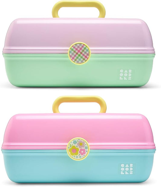 Caboodles On-The-Go Girl Makeup Storage Box 2-Pack, Two-Tone Pink/Light Blue and Lavender/Light Green, Hard Plastic Makeup Organizer Box, Built-In Mirror, Secure Latch for Safe Travel