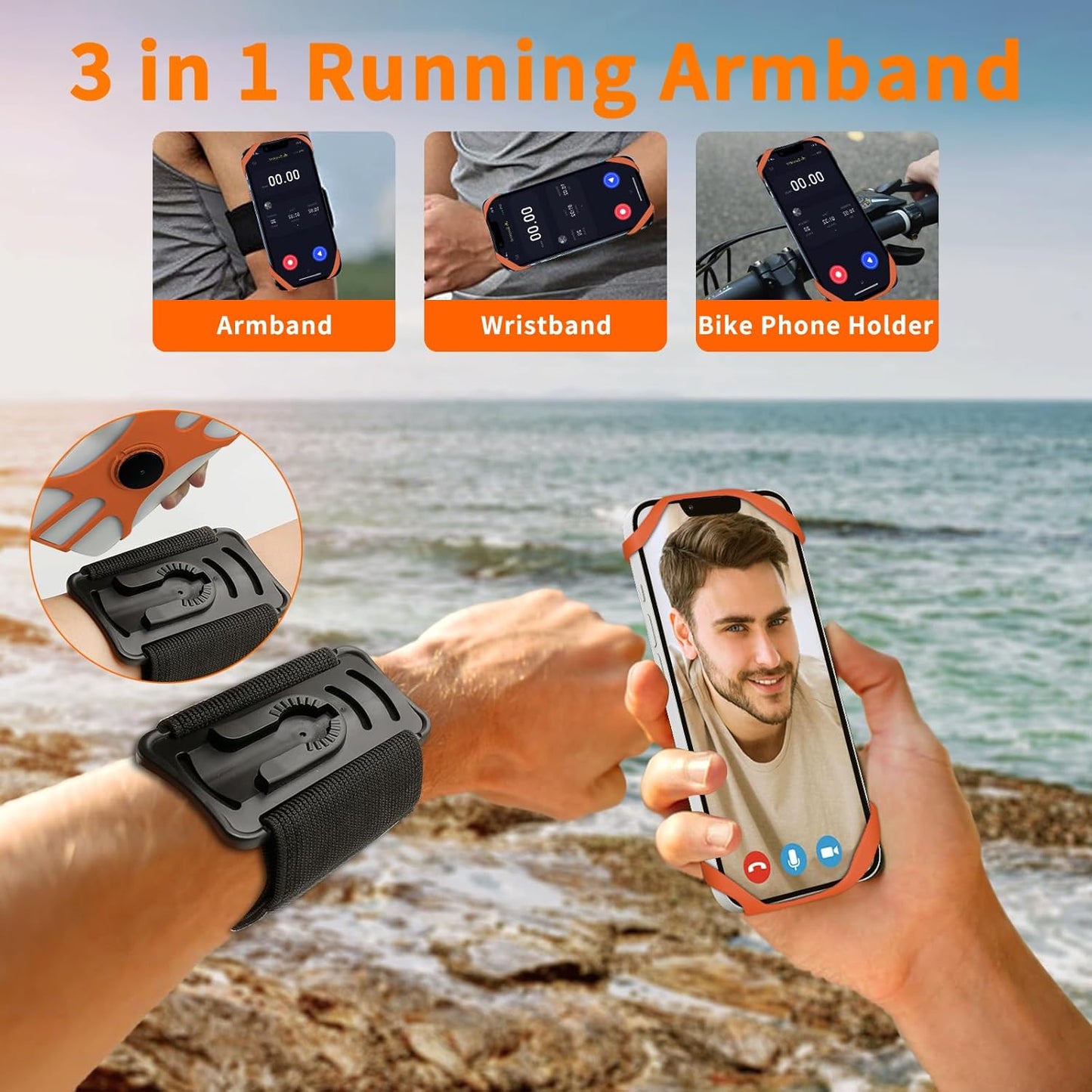 3in1 Phone Holder for Running,Arm Band/Wrist Holder/Bike Mount,Phone Armbands 360° Rotation & Detachable Fit All 4.5-7" Cellphone for iPhone 16/15/Pro/ProMax/14/13/12/mini/Pro Max/XS/XR"