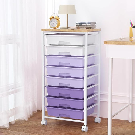 Rolling Cart with 8 Drawers, Storage Drawers Cart with Wooden Tabletop and Lockable Wheels, Craft Storage for Living Room, Office, Classroom, Craft Room, Bedroom (Purple)