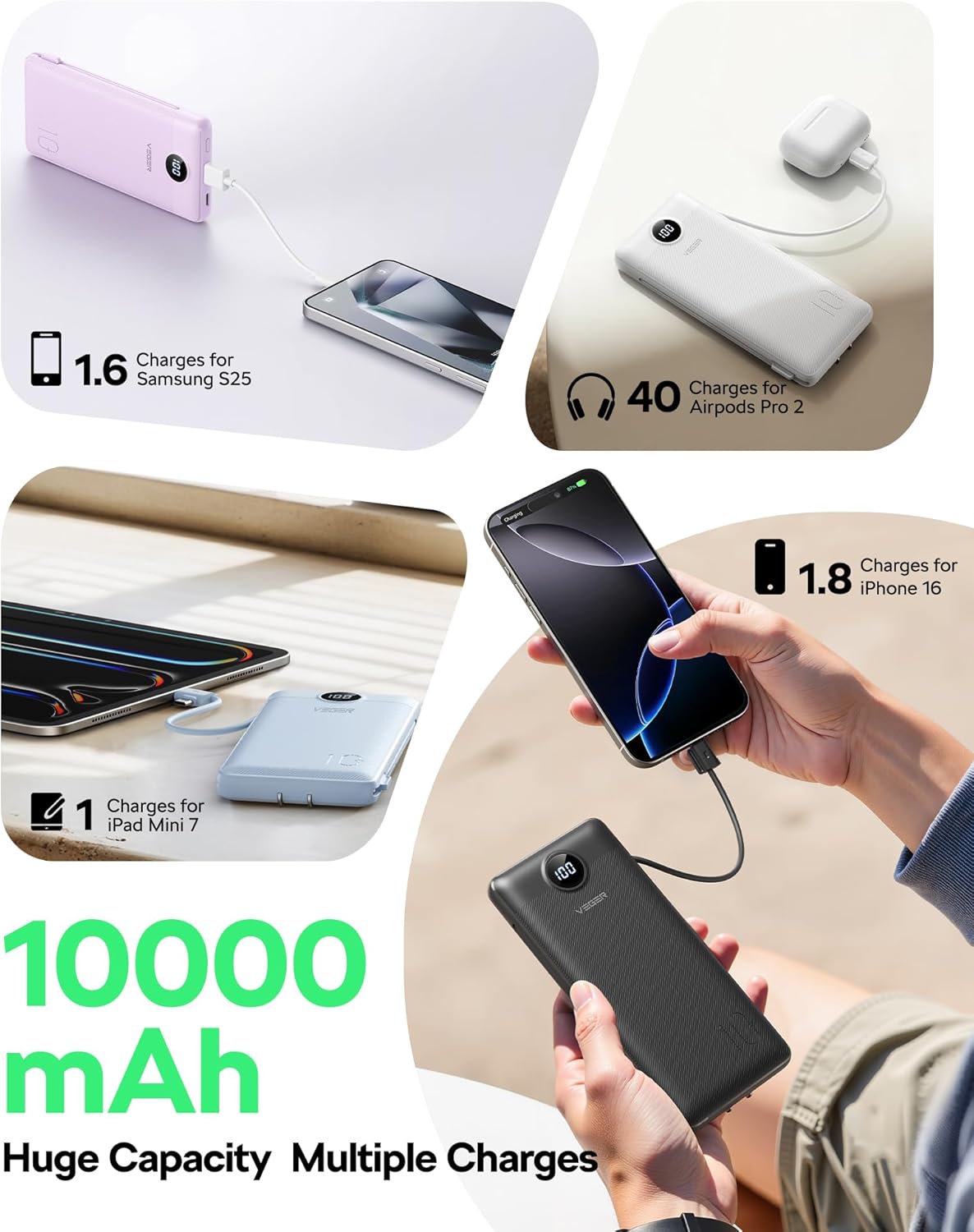 VEGER Travel Essential AC Wall Plug Portable Charger, 10000mah Slim Portable Charger Built in Cables, USB C Power Bank 15W Fast Charging, Battery Pack Compatible with iPhone, Android and More(Blue)