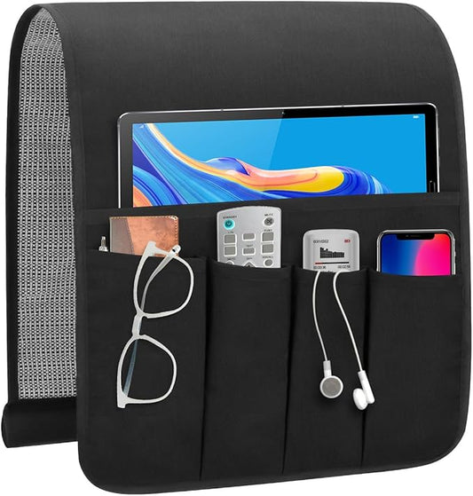 Non-slip Couch Organizer Armchair Caddy, Oxford TV Remote Control Holder Bedside Caddy with 5 Pockets for Key Glasses Phone Magazine Holders.