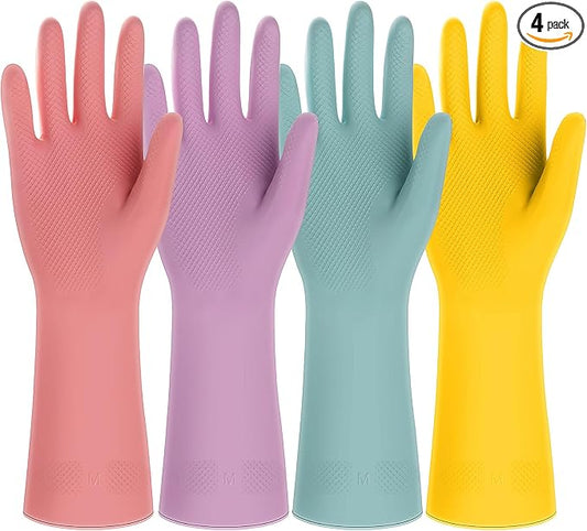 4 Pairs Rubber Kitchen Dishwashing Gloves - Colorful Reusable Household Cleaning Gloves Outdoor Chores for Women & Men (Medium)