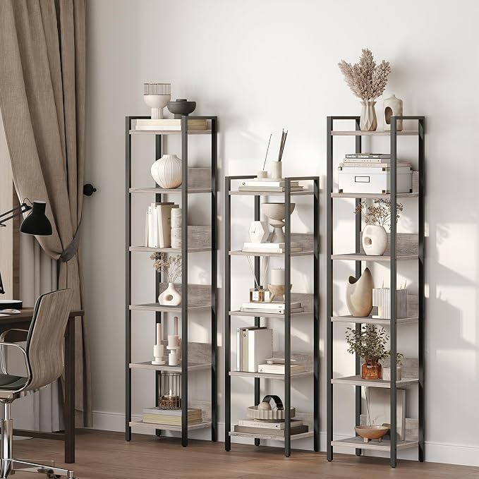 MAHANCRIS Bookshelf, 6-Tier Bookcase, Standing Book Shelf for Small Space, Storage Shelf Organizer, for Living Room, Bedroom, Study, Balcony, Greige and Black BKHG6601