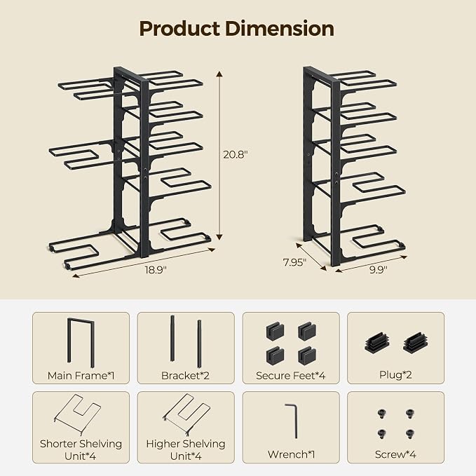 LAMU Pots and Pans Organizer under Cabinet 20.8" Height, 8 Tier Heavy Duty Pan Organizers inside Cabinet with Adjustable Pot Rack, Holds up to 120 LB for Stockpots Dutch Ovens and Cast Iron Cookware