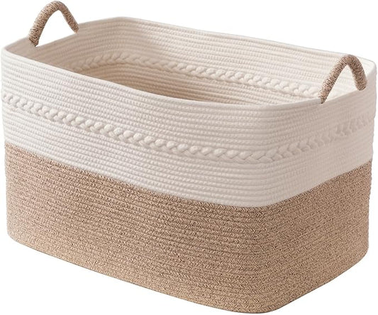 Extra large laundry basket woven from natural cotton rope with handles storage blankets for living rome big decorative quilted baskets for clothes toys pillows hamper 24"x16"x14" white/brown