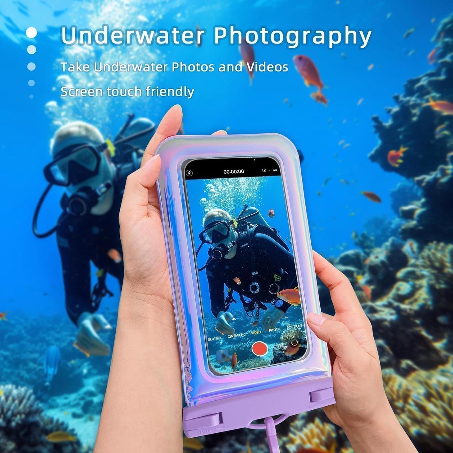 Floatable Waterproof Phone Pouch Case 2 Pax for iPhone 16 Pro Max/15/14/13/12, IP68 Travel Cellphone Dry Bag Beach Cruise Ship Essentials Bags with Crossbody Lanyard, Iridescent Purple and Black-7″