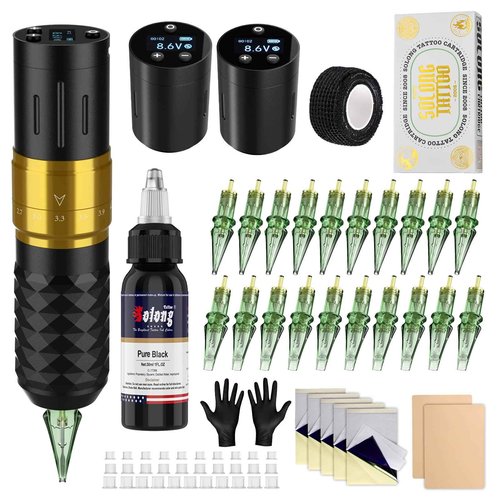 Tattoo Gun,Solong Tattoo Gun Kit Professional 2 Batteries 7 Strokes Wireless Tattoo Kit 6500Rpm Brushless Motor Digital LED Display Tattoo Machine with 20Pcs Tattoo Needles for Artists SL-TK0002-9