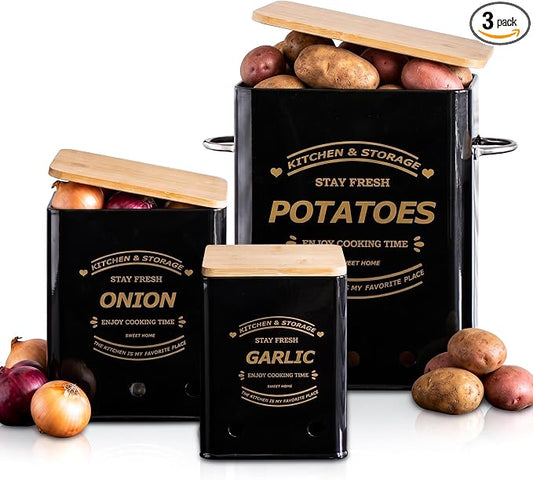 Potato Onion and Garlic Storage Bin Set of 3, Metal Kitchen Vegetable Canisters with Bamboo Lid and Aerating Holes, Stackable Kitchen Storage Tin for Countertop Pantry