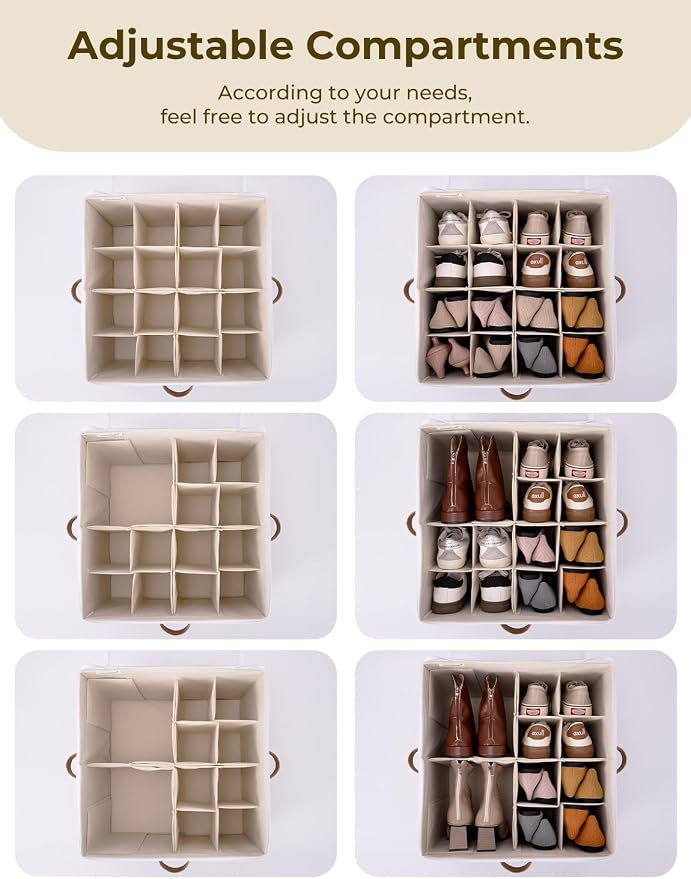 StorageWorks Shoe Organizer for Closet, Fits up to 16 Pairs, Shoe Cubby Storage Containers with Adjustable Dividers and Clear Cover, Brown & White