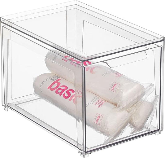 mDesign Plastic Stackable Bathroom Storage with Pull Out Bin Organizer Drawer for Cabinet, Vanity, Shelf, Cupboard, Cabinet, or Closet Organization - Lumiere Collection - Clear