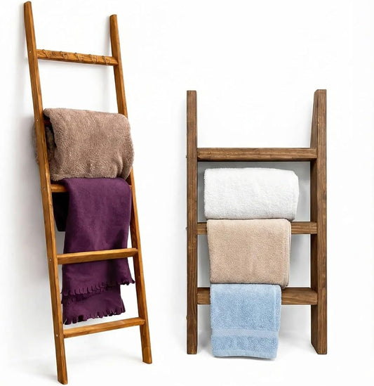2 Pack Wooden Ladder Set, 1 pcs Blanket Ladder and 1 pcs Towel Ladder - Beech Wood 59'' inc 5 Tier and 5 Extra Hooks Blanket Ladder, Living Room and Bathroom Home Decor, Wall Decorative Shelves