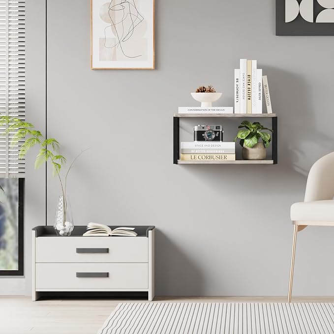 Floating Nightstand Wall Shelf, Wood Bedside Shelf Wall Mounted Nightstand Set of 2, Floating Bedside Table for Bedroom, Living Room, Bathroom, Kitchen, Office(Vintage Gray)