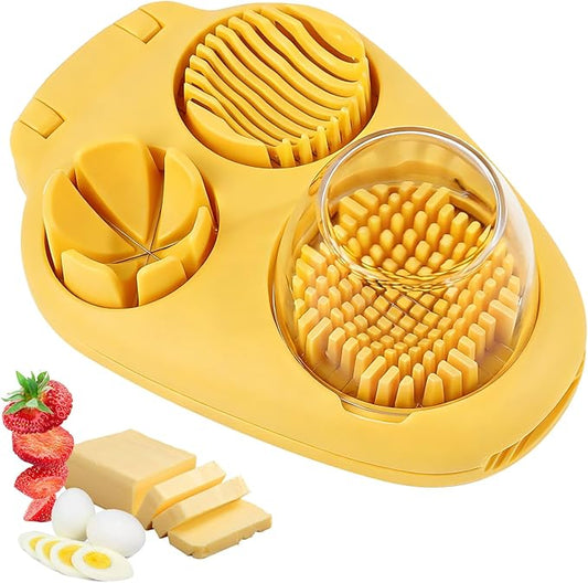 3 In 1 Egg Slicer For Hard Boiled Eggs, Strawberry Slicer Grape Cutter, 2026 New Stainless Steel 3 Slice Modes Egg Cutter, Dishwasher Safe Kitchen Slicer for Mushroom, Cherry (Yellow)