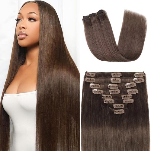Clip in Hair Extensions Real Human Hair Clip in Extensions for Women Seamless Invisible Chocolate Brown Natural Remy 100% Human Clips ins Extension 8pcs Double Weft 22 inch 4oz/110g