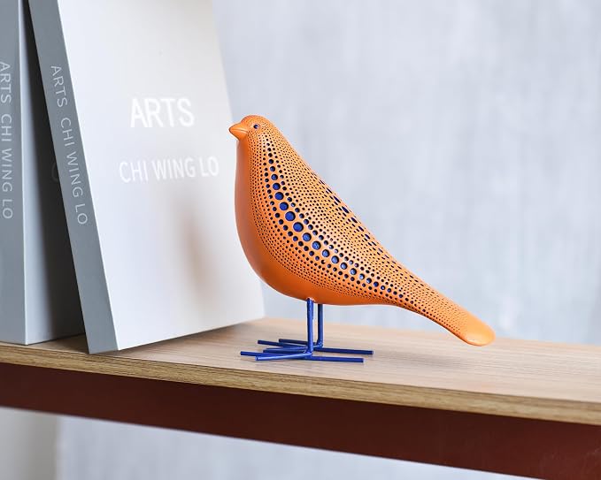 Quoowiit Bird Figurine, Modern Sculpture and Statues for Home Decor, Animal Statues for Bookshelf, Table, Entryway, Fireplace, Resin Decorative Sculpture with Chic Polka Dots Art Design (Orange)