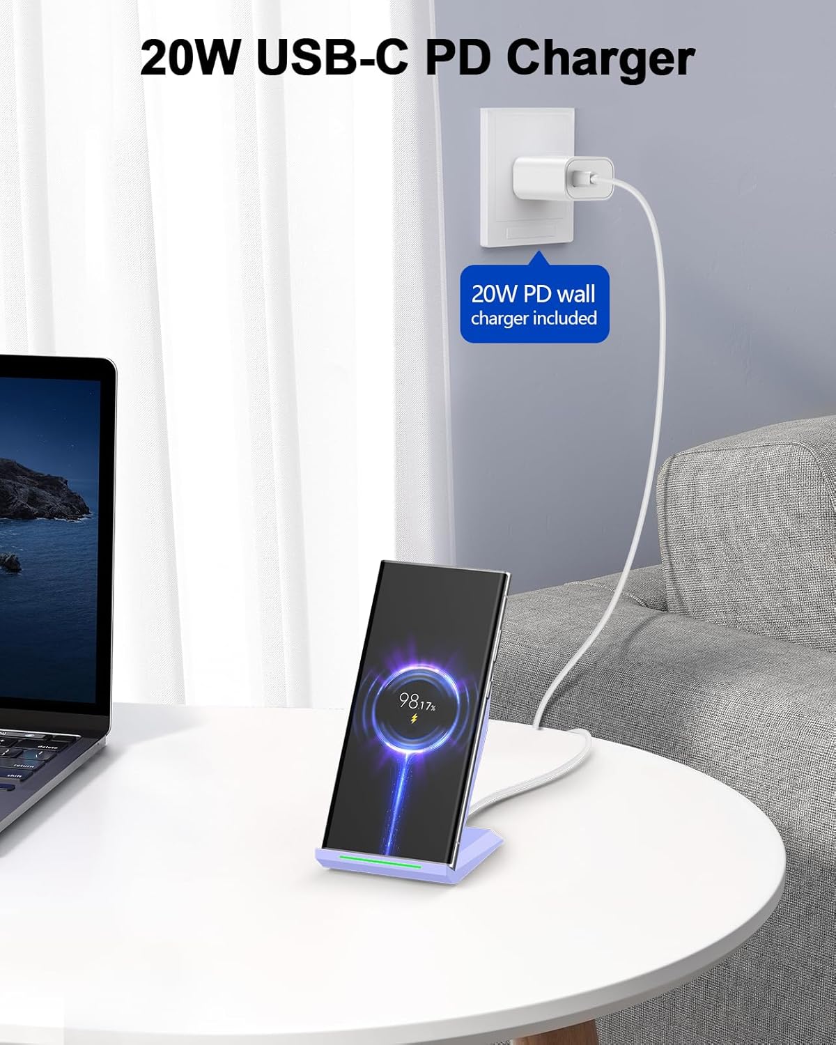 NANAMI Wireless Charger with USB C Charger - Qi Certified Fast Wireless Charging Stand Compatible with iPhone 16/15/14/13/12, Phone Charger Dock for Samsung Galaxy S25/S25+/S25 Ultra/S24/S23/S22/S21