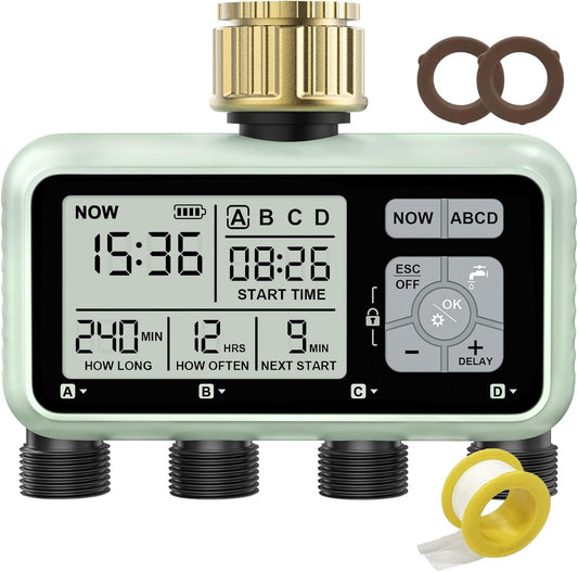 Watering Timer 4 Zone with with Brass Inlet, Sprinkler Timer, Programmable Garden Outdoor Hose Faucet Timers with Rain Delay/Manual/Automatic Watering System,Water Hose Irrigation Timers 4 Outlet