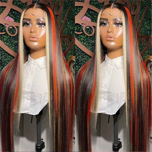 Ginger Blonde Highlight Lace Front Wigs Human Hair Skunk Stripe 13x4 Lace Frontal Wig Straight Black Ginger and Blonde Ombre Colored Wigs Glueluess Human Hair 18 Inch 180% Density Pre Plucked