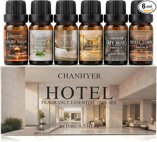 Hotel Collection Essential Oils for Diffusers for Home-6x10ml Luxury Scented Oil Set with Luxury Night,Jasmine Peppermint,White Tea,Citrus Happiness,My Way,Hotel Lobby,Gift for Women and Men