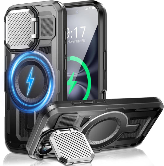 Camera Stand Case for iPhone 16, [Compatible with MagSafe] [Lens Cover] 2024 Version Military Grade Protective Soft Case for iPhone 16 6.1 inch Men Women, Black