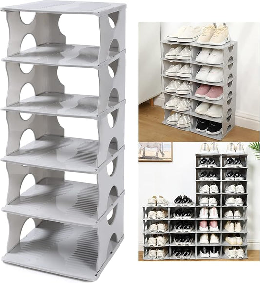 6-Tier Shoe Rack, Stackable Storage Organizer for Bedroom Entry, Adjustable Rack, Shoe Slots Shelf, Easy Tower Rack, Grey