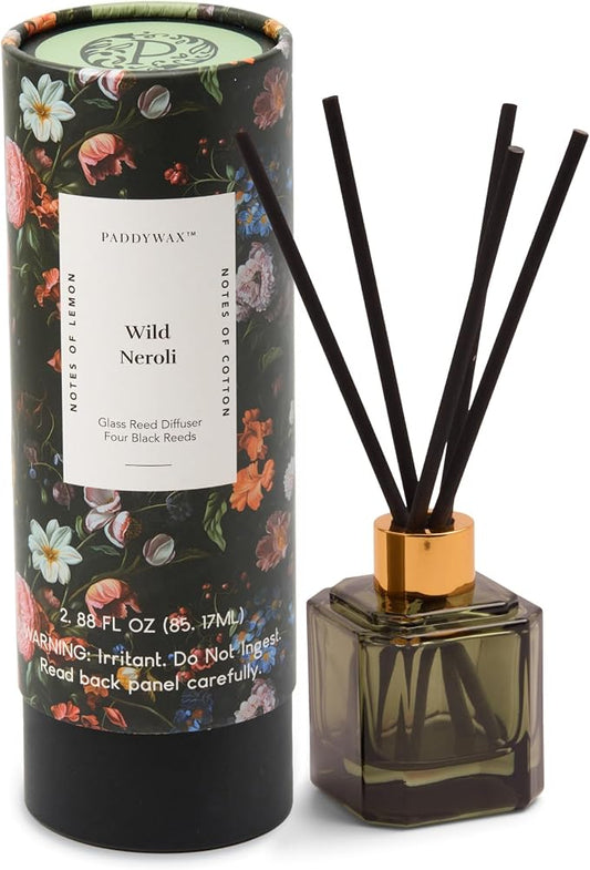 Paddywax Botanica Scented Oil Diffuser with Reeds in Reusable Greeen Glass Bottle, Tubed Gift Box, Includes Diffuser Sticks, Long-Lasting Fragrance, Reusable & Upcyclable, Wild Neroli, 2.8 fl oz