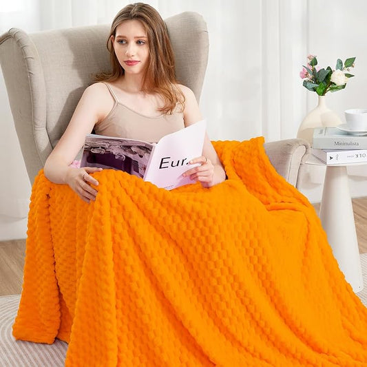 Zyrah Orange Fleece Twin for Couch Super Soft Twin Blanket 3D Imitation Turtle Shell Jacquard Decorative Cozy Blankets for Sofa Chair Bed 60x80 Inches